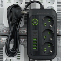 Удлинитель на 3 розетки +4 порта USB +2 порт Type-C для зарядки мобильных устройств 2 метра цвет черный